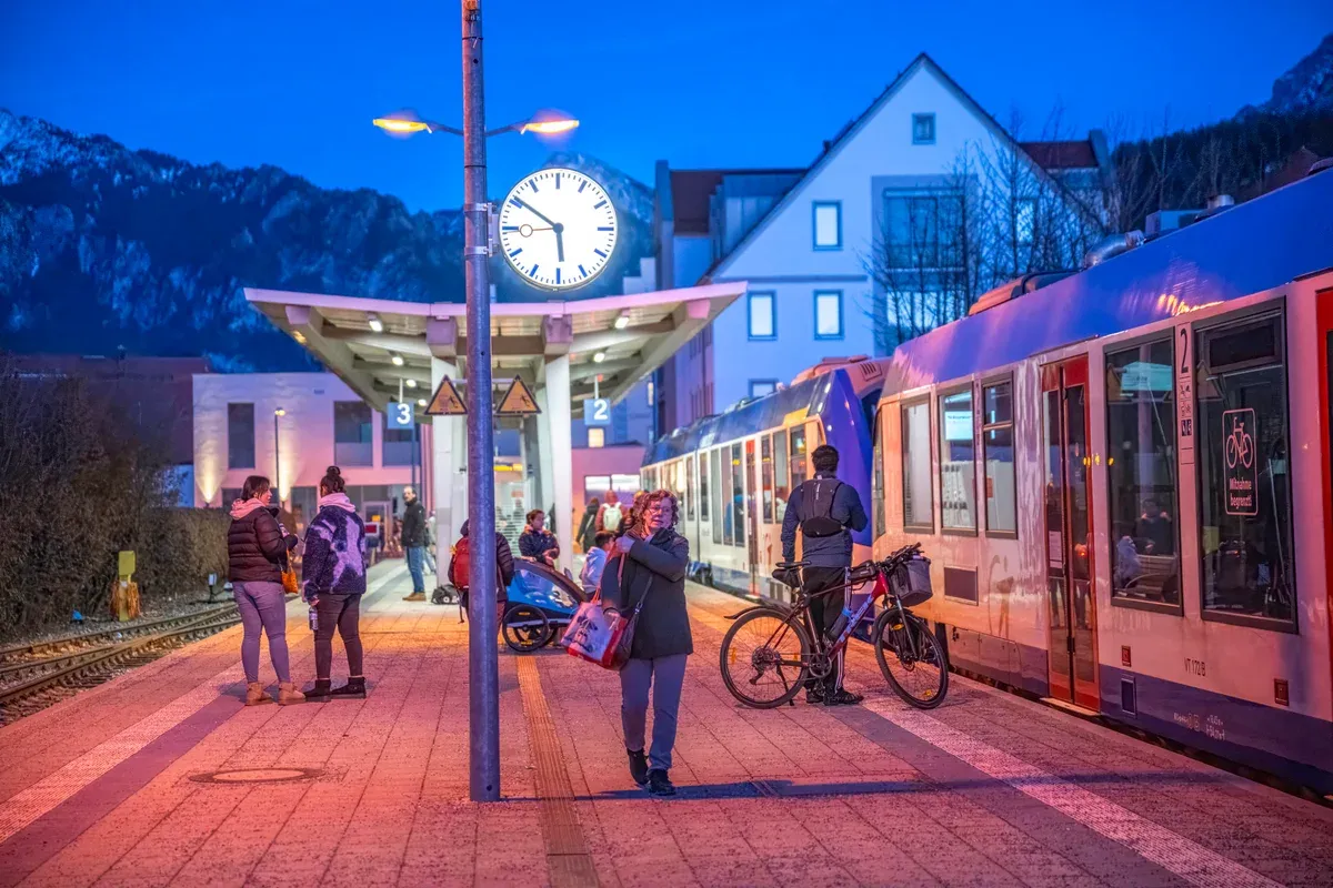 A regional train at Füssen station, the rail route used by the train tours and a Neuschwanstein day trip from Munich, Bavaria