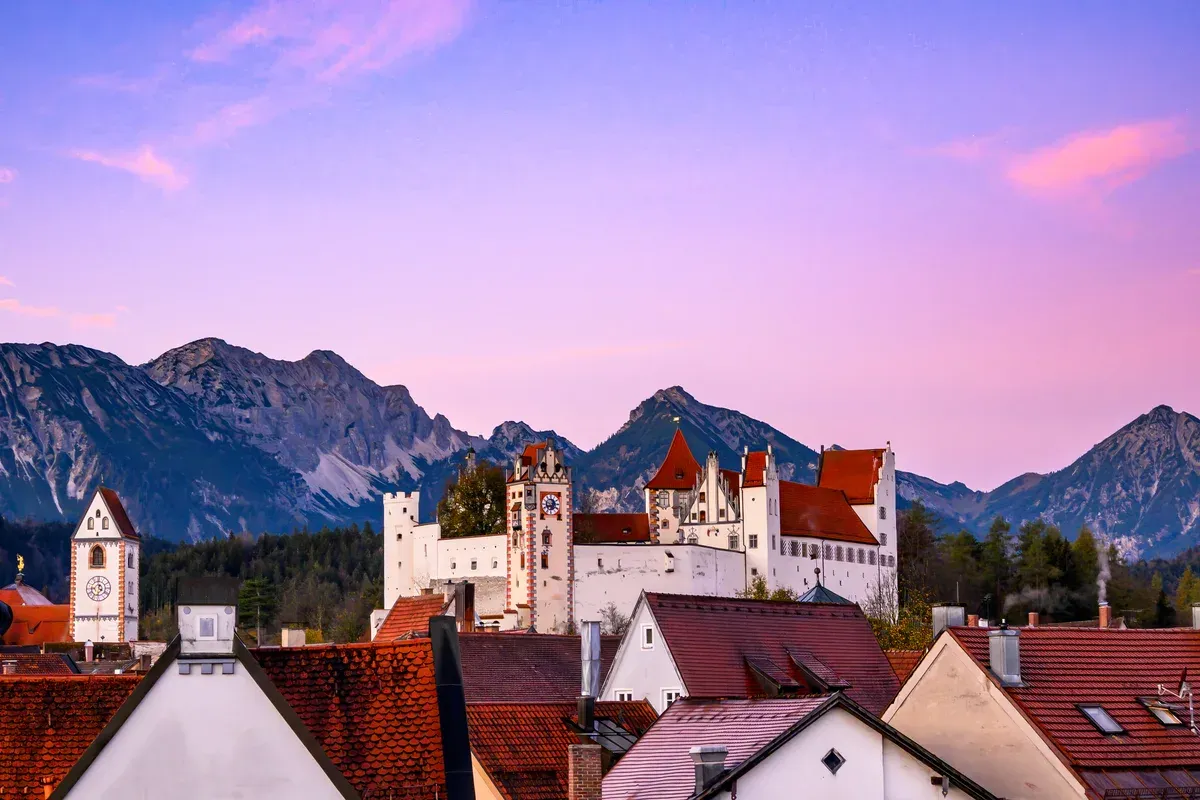 Füssen old town and the Hohes Schloss on the way to a Neuschwanstein castle tour from Munich, Bavaria