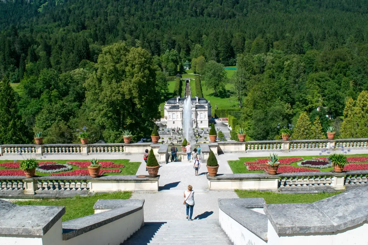 Linderhof Palace and its cascade fountain, the morning stop on a two-castle Neuschwanstein tour from Munich, Bavaria