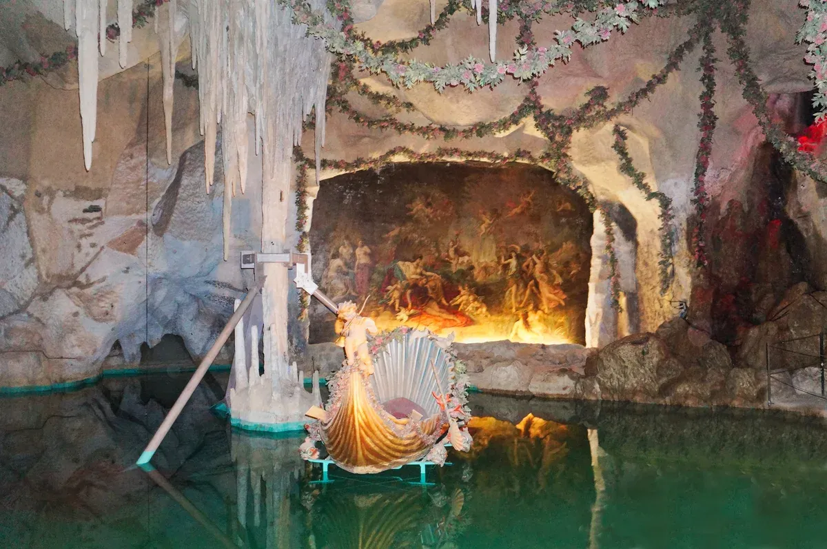 The Venus Grotto lake and stage at Linderhof, on a two-castle Neuschwanstein tour from Munich, Bavaria